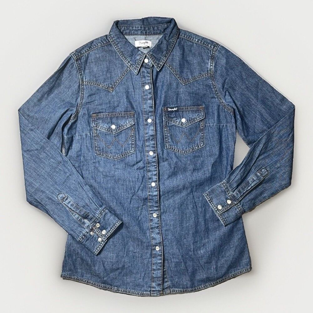 Wrangler Retro Denim Pearl Snap Long Sleeve Dark Wash Chore Shirt Sz Sm Western